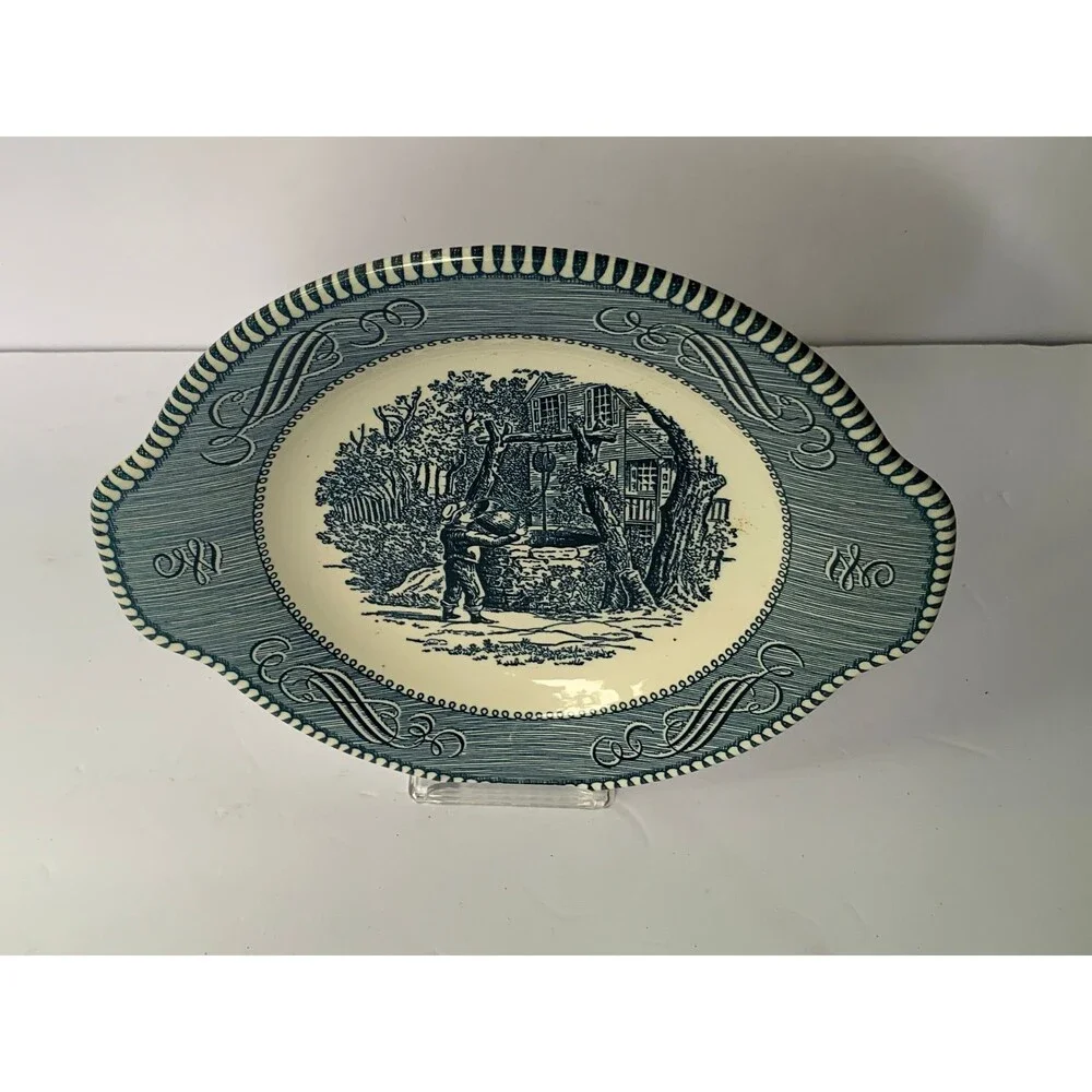 Vintage Currier & Ives Double Spouted Gravy Boat and Resting/Under Plate 1949-86